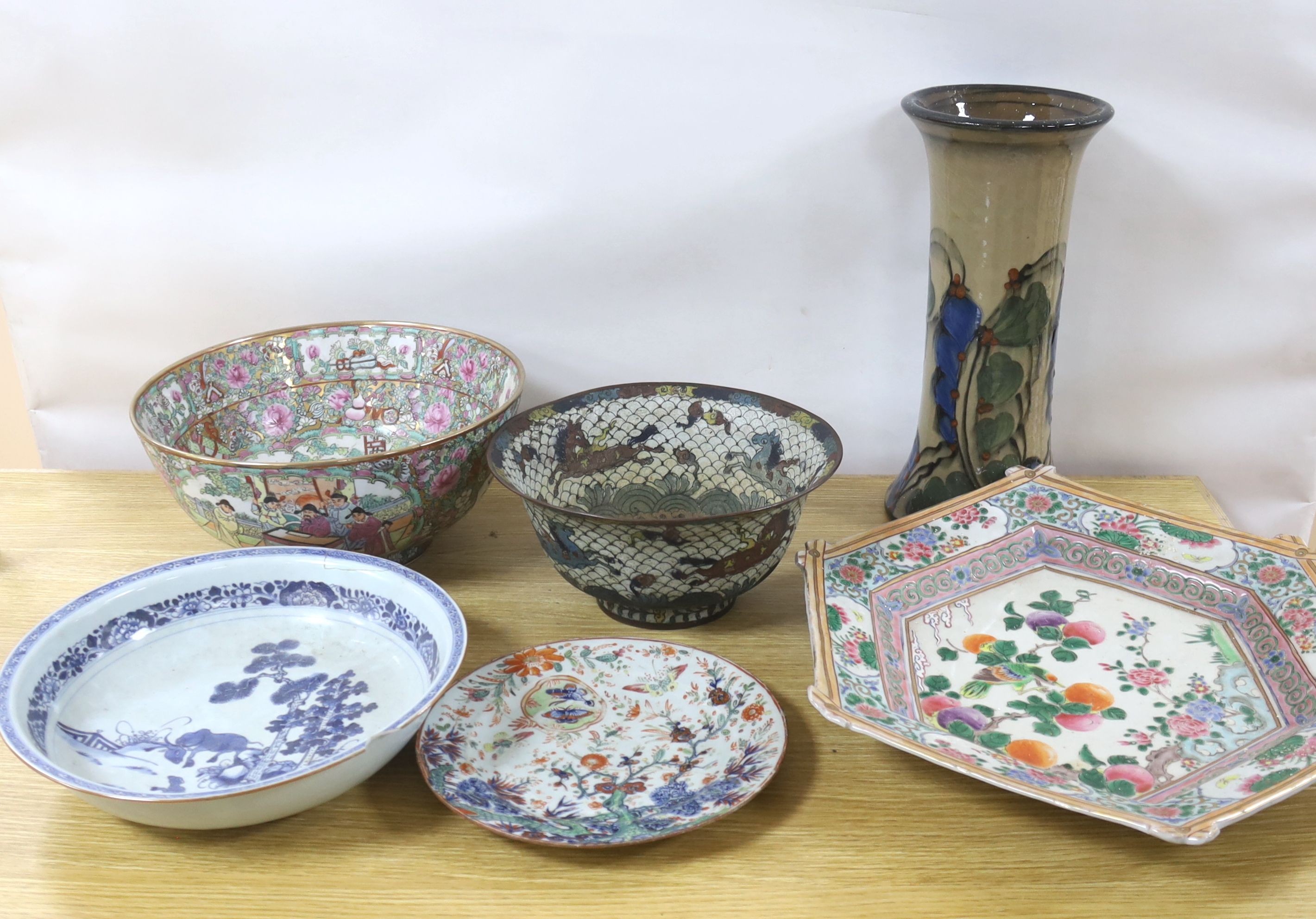 A large Japanese porcelain diamond shaped dish, 47cm, a Japanese cloisonné enamel ‘horses’ bowl, in Ming style, a Chinese famille rose bowl, a continental art pottery vase etc